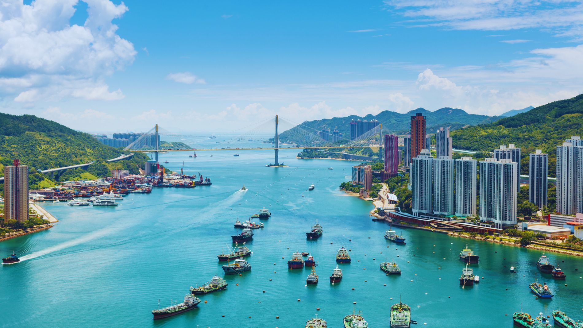 Victoria Harbour and Ting Kau Bridge, Hong Kong