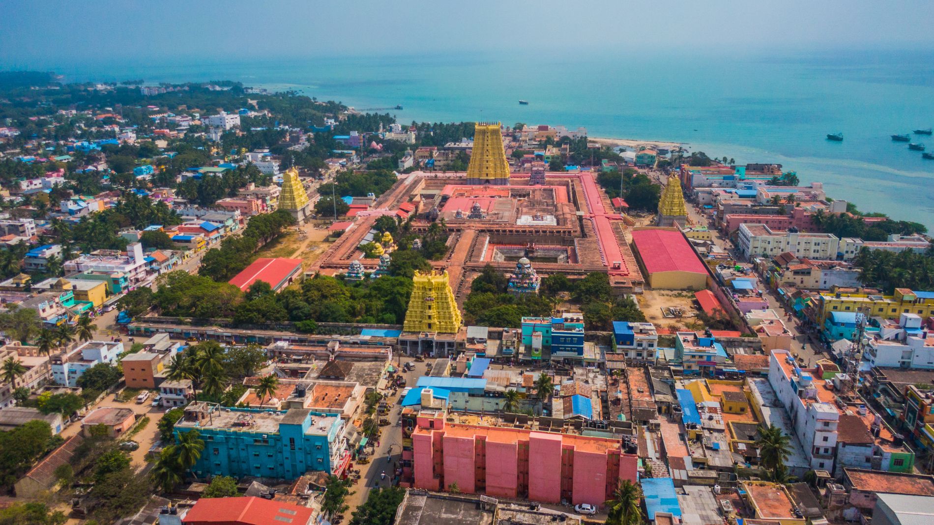 Coastal temple town aerial view, India